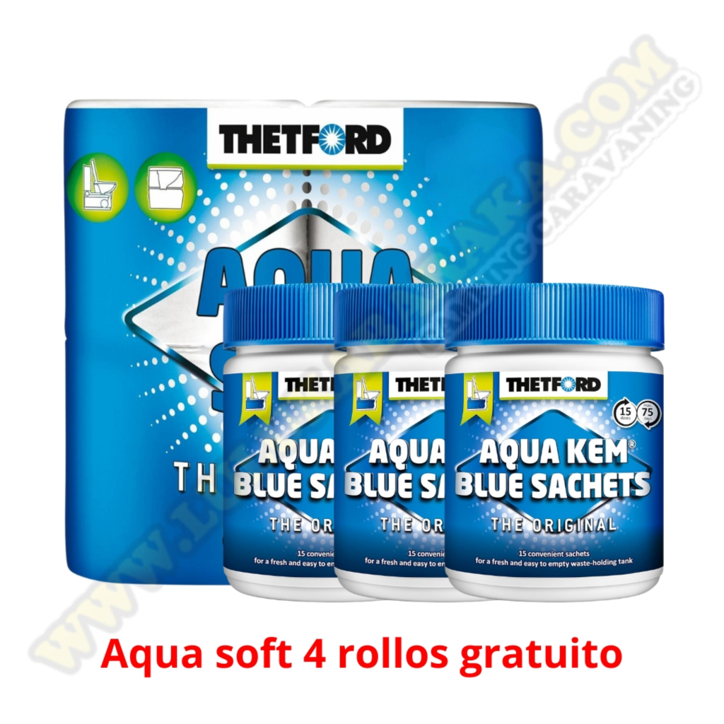 3 Aqua Kem Blue Sachets + 1 Aqua Soft 4 rollos (gratis)